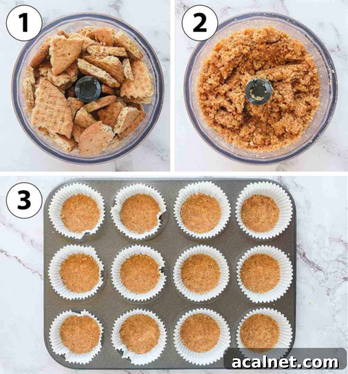 Zesty Mini Lemon Curd Cheesecakes 5 Process Shot Collage: step-by-step preparation of the biscuit crust for mini cheesecakes.