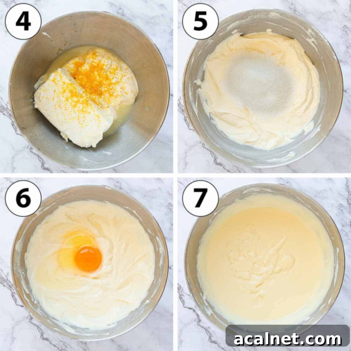 Zesty Mini Lemon Curd Cheesecakes 6 Process Shot Collage: step-by-step preparation of the creamy lemon cheesecake batter.