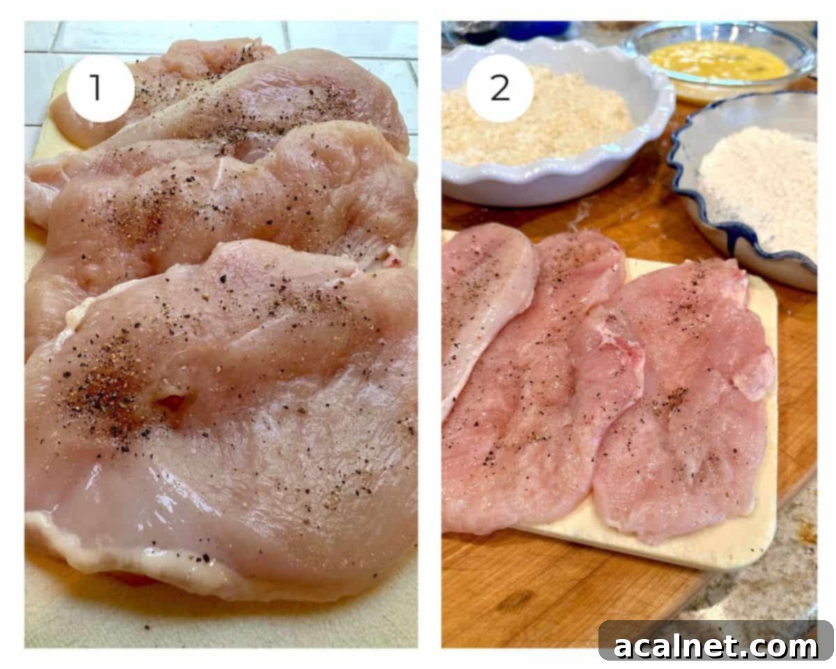 Chicken breasts with salt and pepper alongside plates of flour, whisked egg, and panko crumbs, set up for breading.