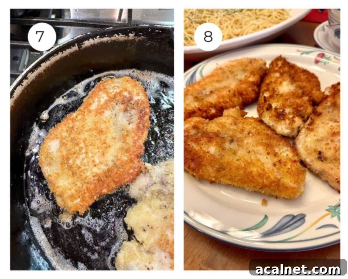 Crispy panko chicken cooking in a skillet, with already cooked, golden-brown chicken resting on a plate.
