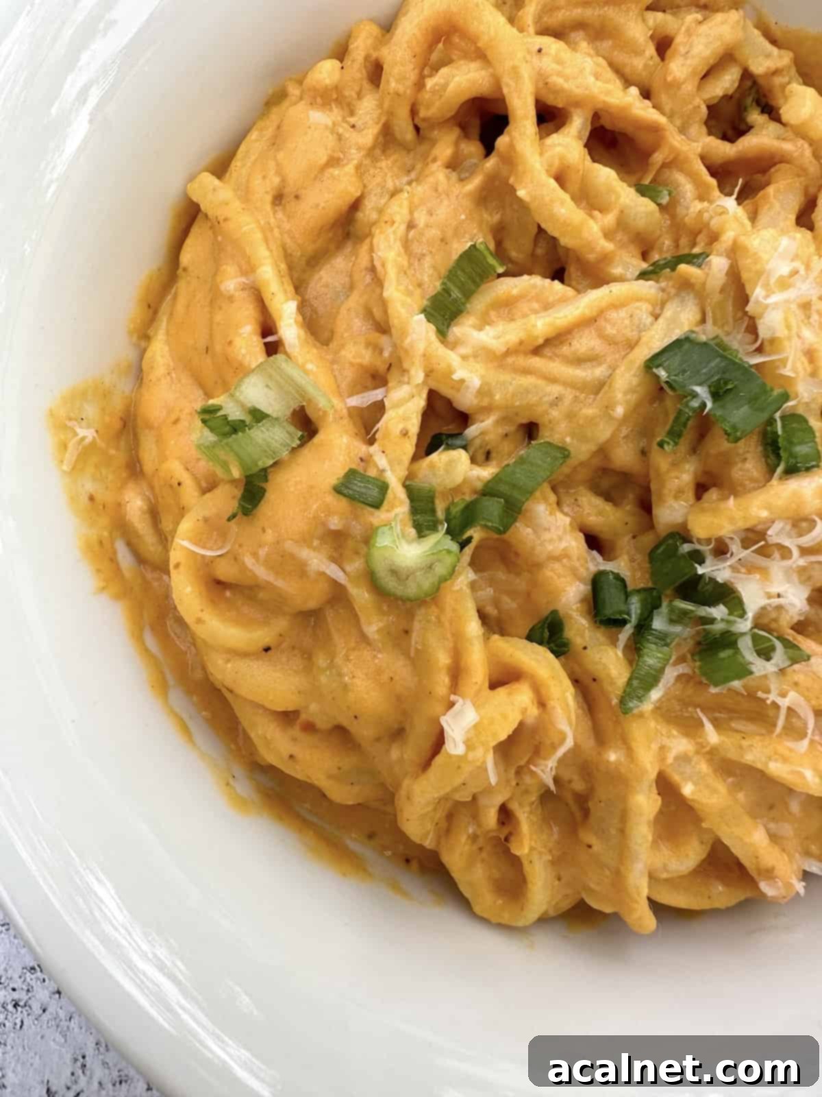 Pumpkin sauce and pasta in a bowl topped with diced onions and cheese.