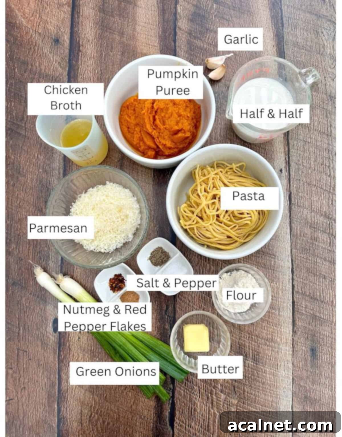 Ingredients for pumpkin pasta sauce with labels for each item.