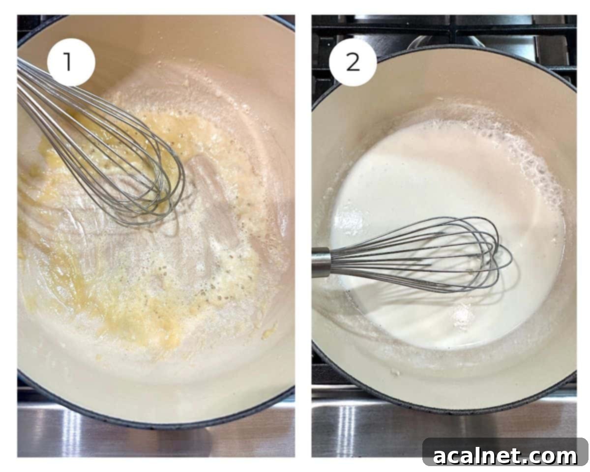 Butter and half and half with a whisk in the pan on the stove.