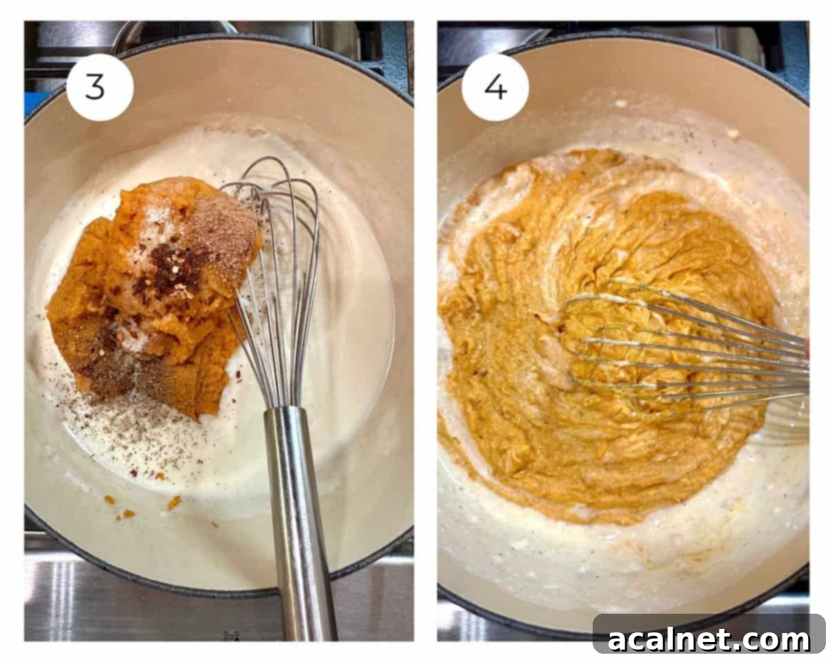 Steps 3 and 4 blending the pumpkin sauce ingredients in a pan on the stove with a whisk.