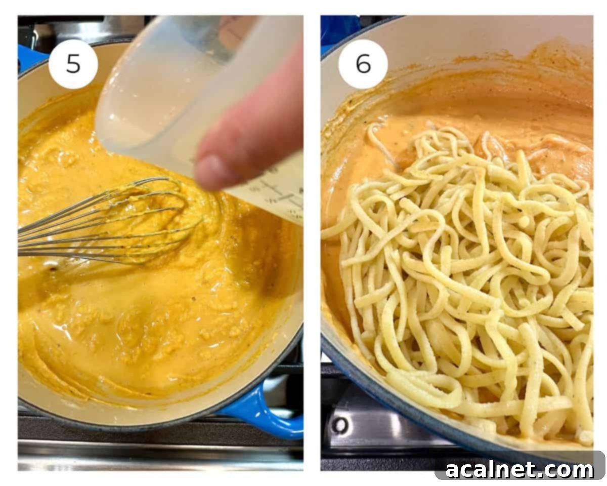Steps 5 and 6 to make pumpkin pasta sauce.