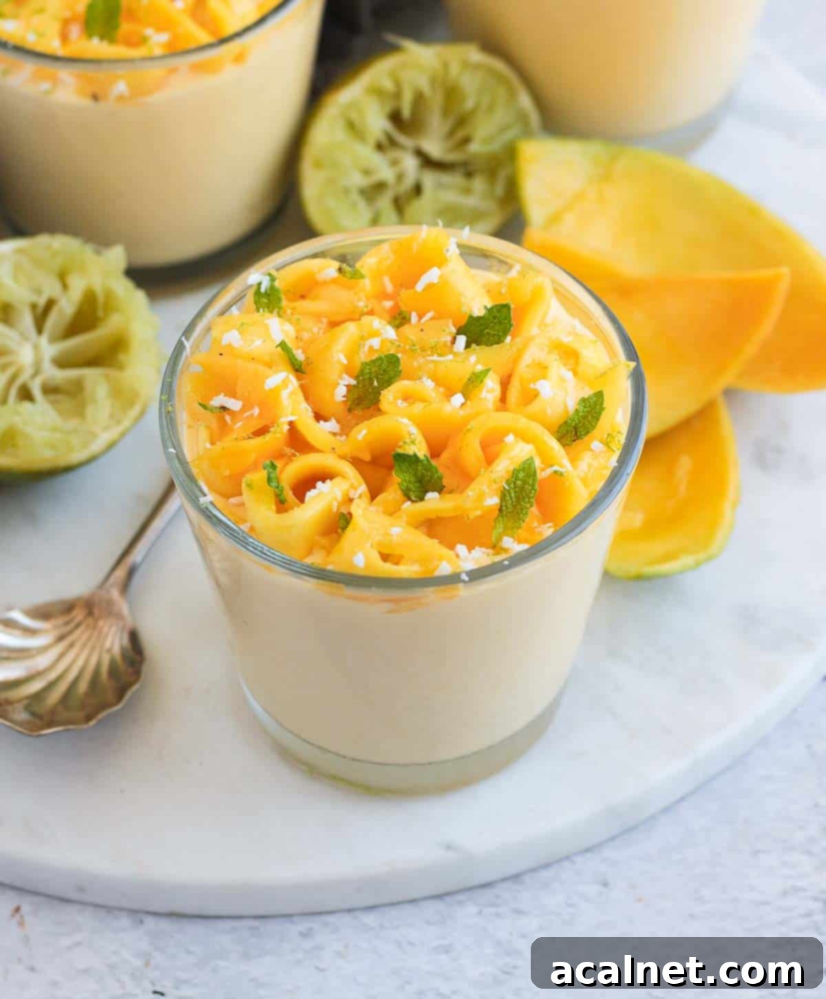 Close up on the sliced mango topping.