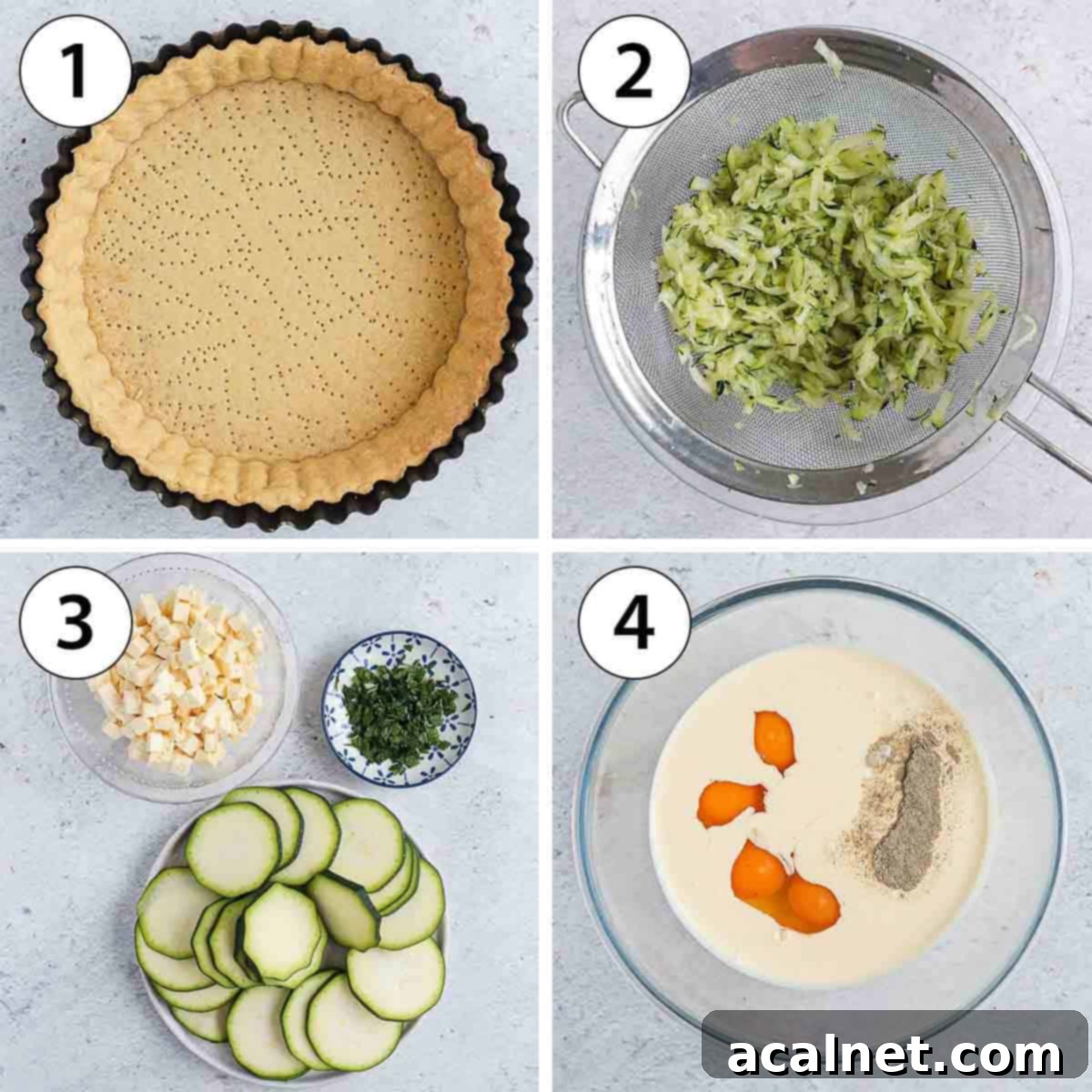 A four-panel process shot collage showing the preparation of quiche filling ingredients, including grating zucchini, dicing feta, chopping mint, and whisking eggs and cream.