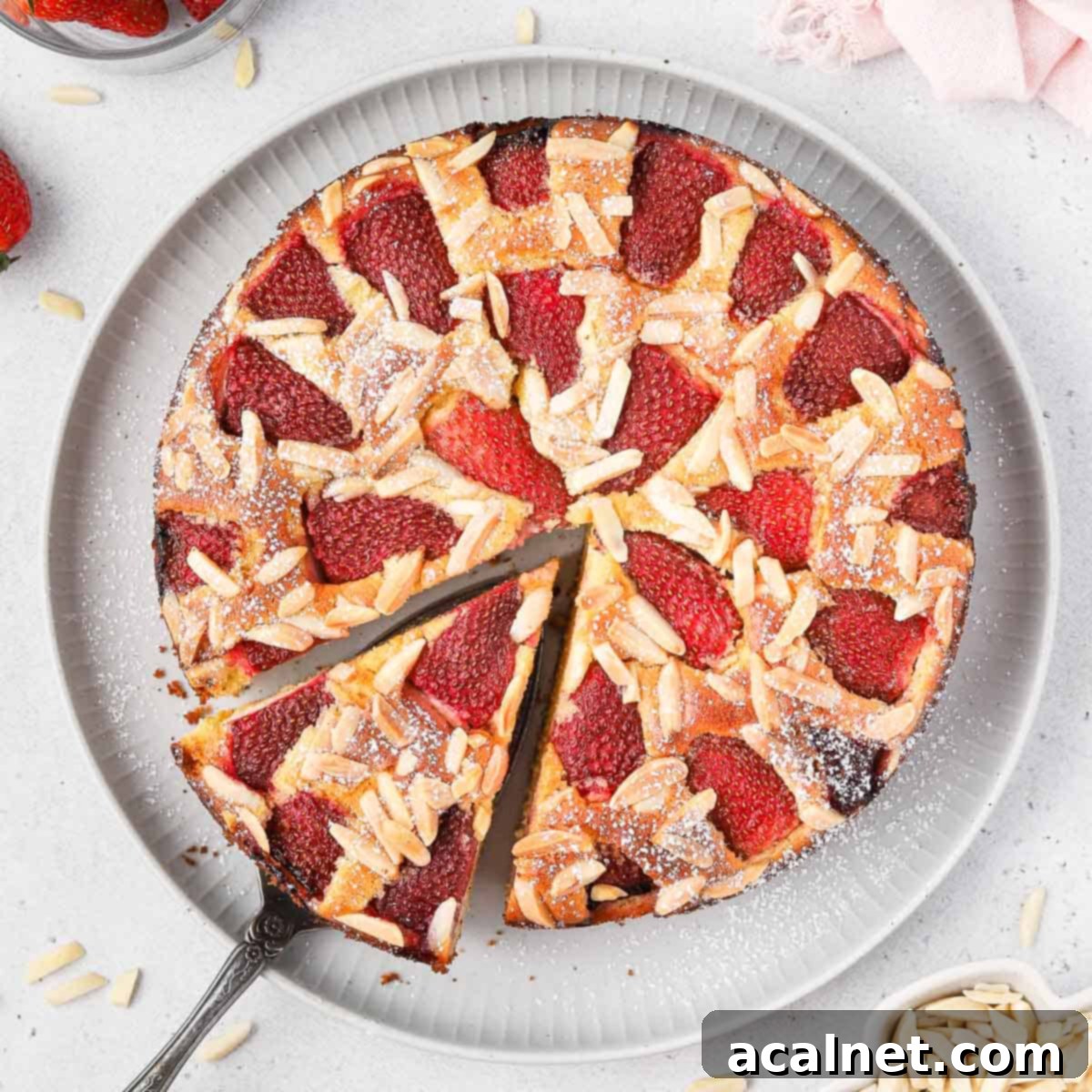 A slice of Gluten-Free Strawberry Almond Cake seen from above, showcasing its light texture and fresh strawberries.