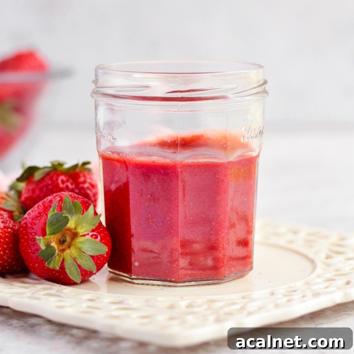 A glass jar filled with luscious Strawberry Coulis, surrounded by fresh, ripe strawberries, perfect for topping desserts.