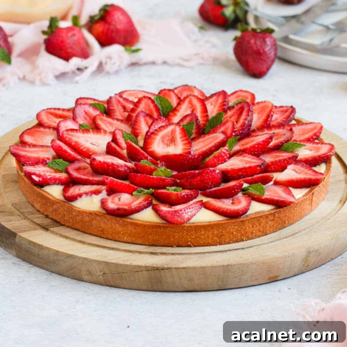 Close up on a stunning French Strawberry Custard Tart, garnished with fresh strawberries and placed on a wooden board.