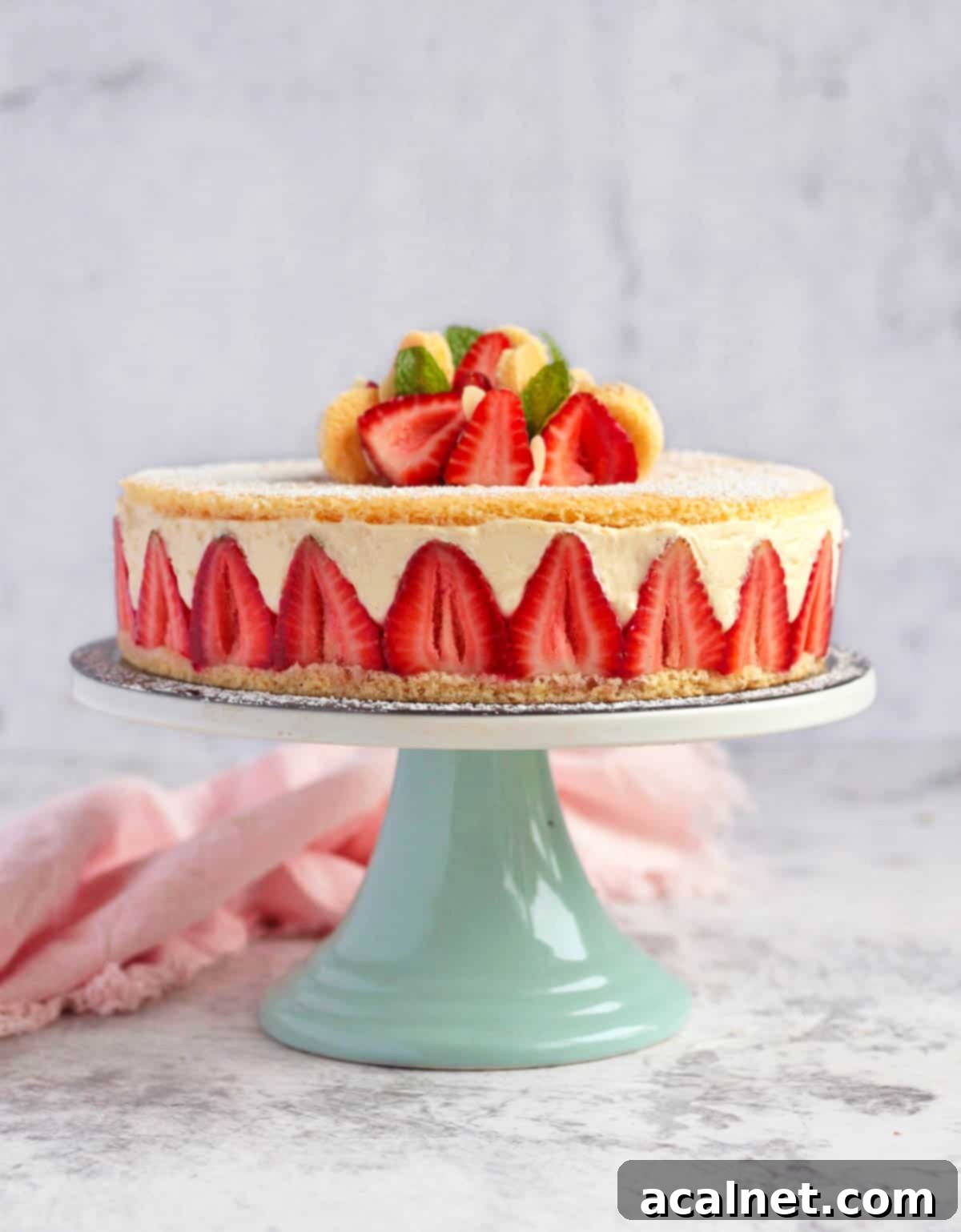 Elegant Fraisier Cake with fresh strawberries on a cake stand, ready to be served.