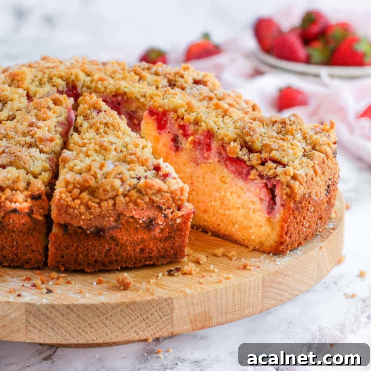 A delicious Strawberry Crumble Cake on a cake stand with two slices cut off, showing the juicy strawberry filling and crumbly topping.