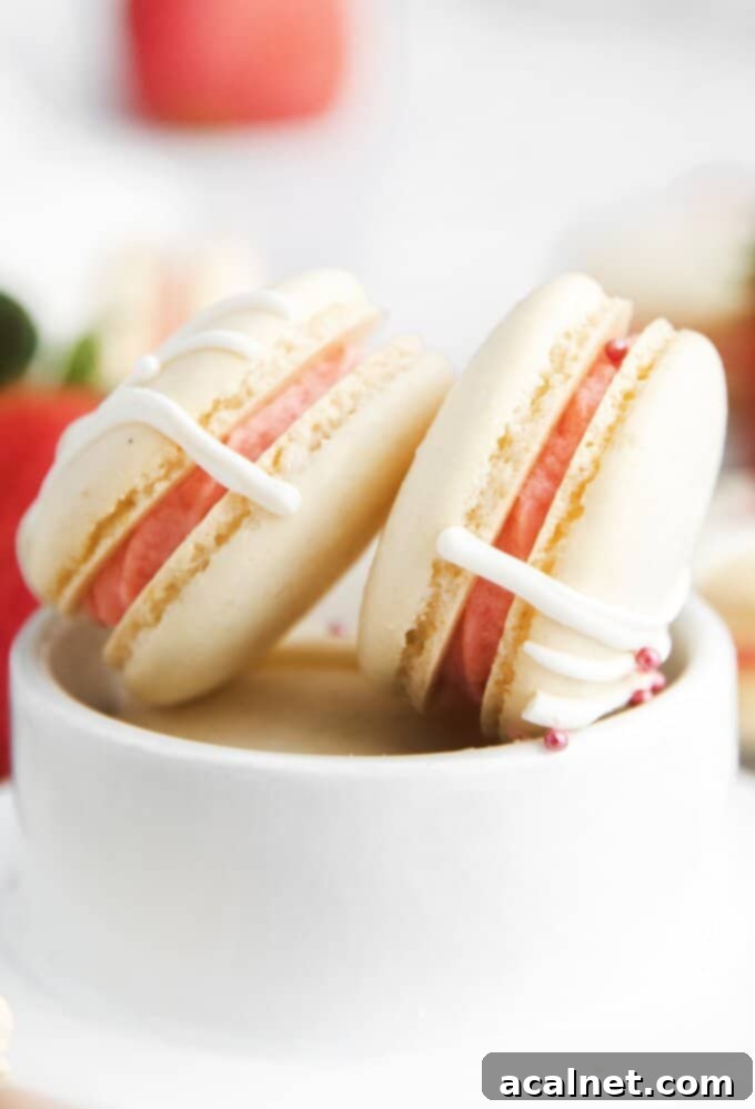 Elegant Strawberry Macarons with a delicate strawberry buttercream filling.