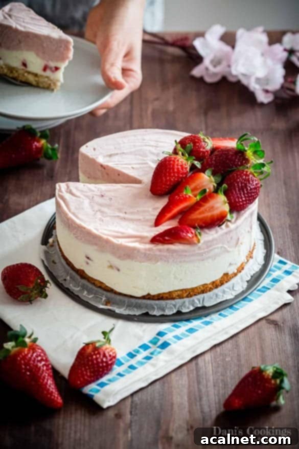 Light and creamy Strawberry Mousse Cake with a beautiful jelly topping and fresh strawberries.