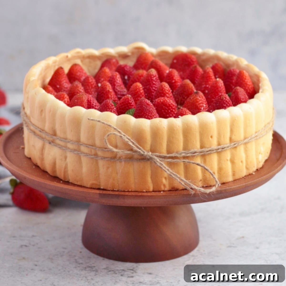 Beautiful Strawberry Charlotte Cake on a rustic wooden cake stand, adorned with ladyfingers and fresh strawberries.