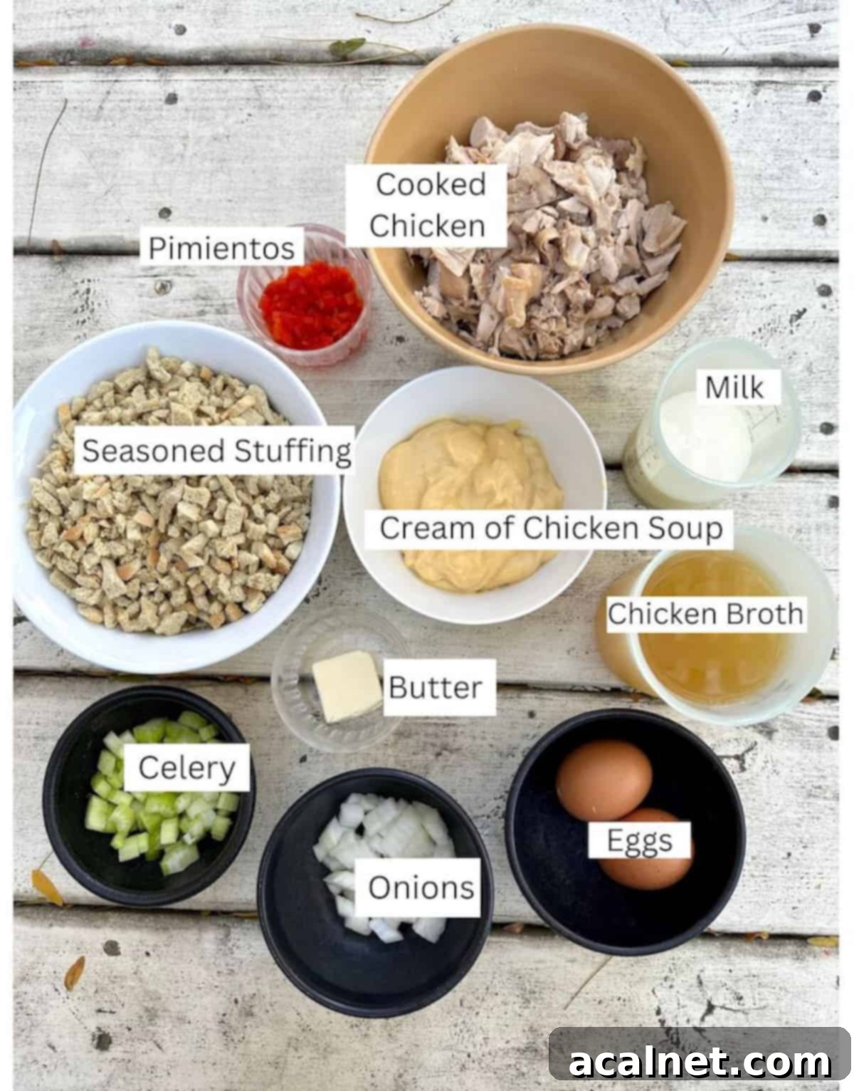Ingredients in small bowls with labels.