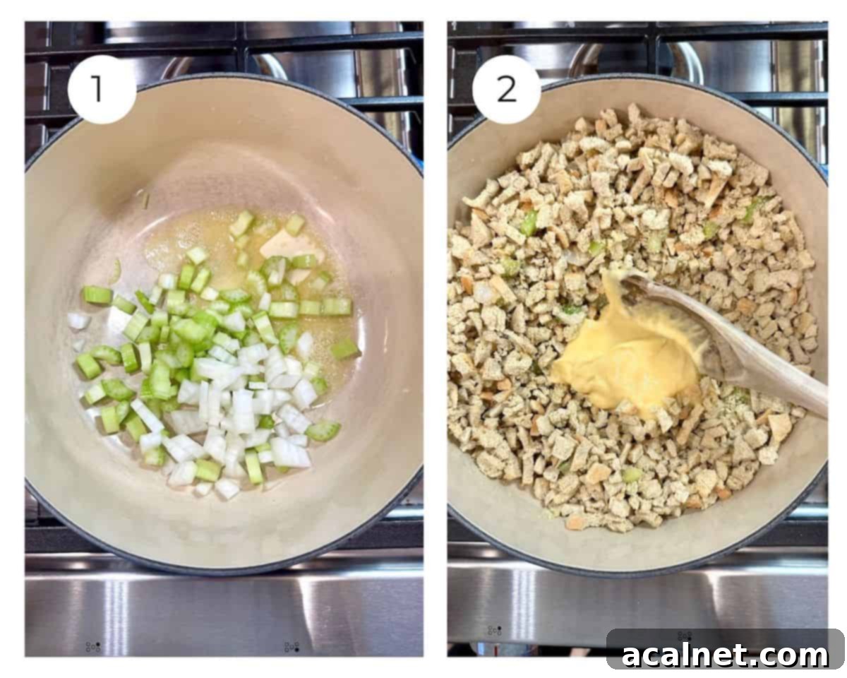Celery and onion in a pan, adding stuffing mix and soup.