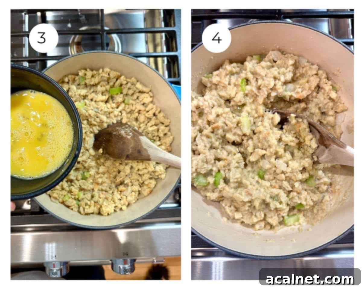 Stuffing in a pan on the stove, adding eggs.