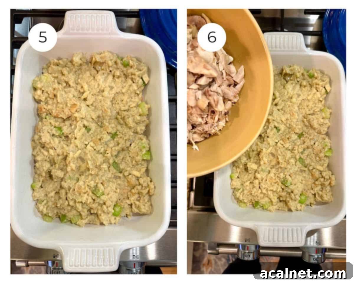 Stuffing in a baking dish, and adding chicken.