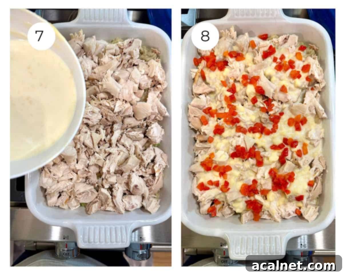 Chicken in a baking dish, and with toppings.