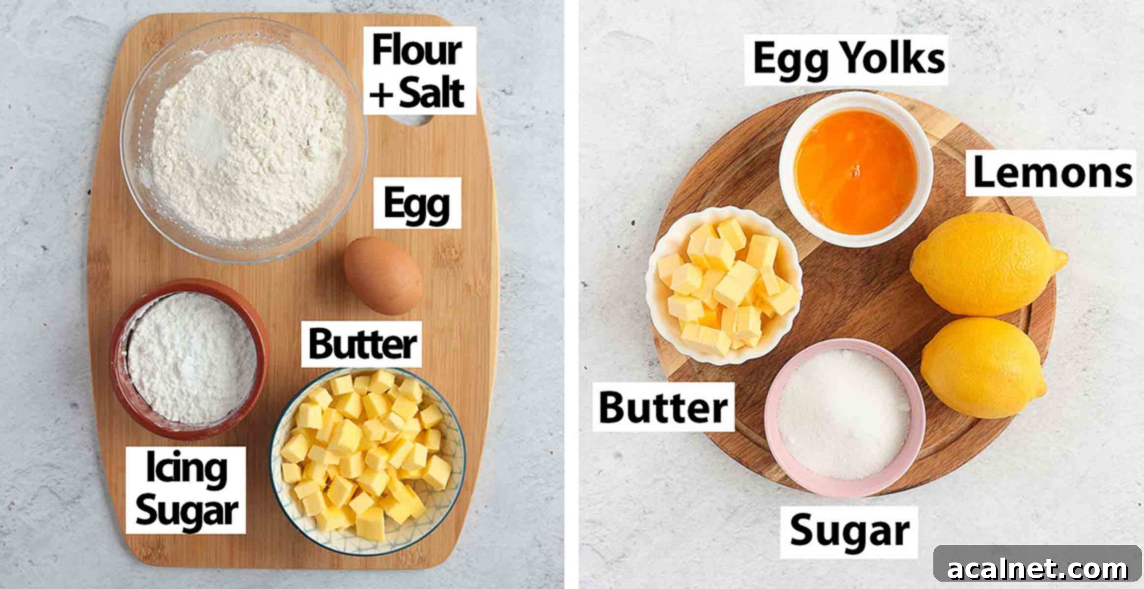 Golden Lemon Mini Tarts 3 Ingredients for the tart shells and the lemon curd. A beautiful overhead shot displaying all the necessary ingredients for both the tart shells and the lemon curd, neatly arranged on a rustic surface. Fresh lemons, butter, eggs, flour, and sugar are clearly visible, promising homemade goodness.