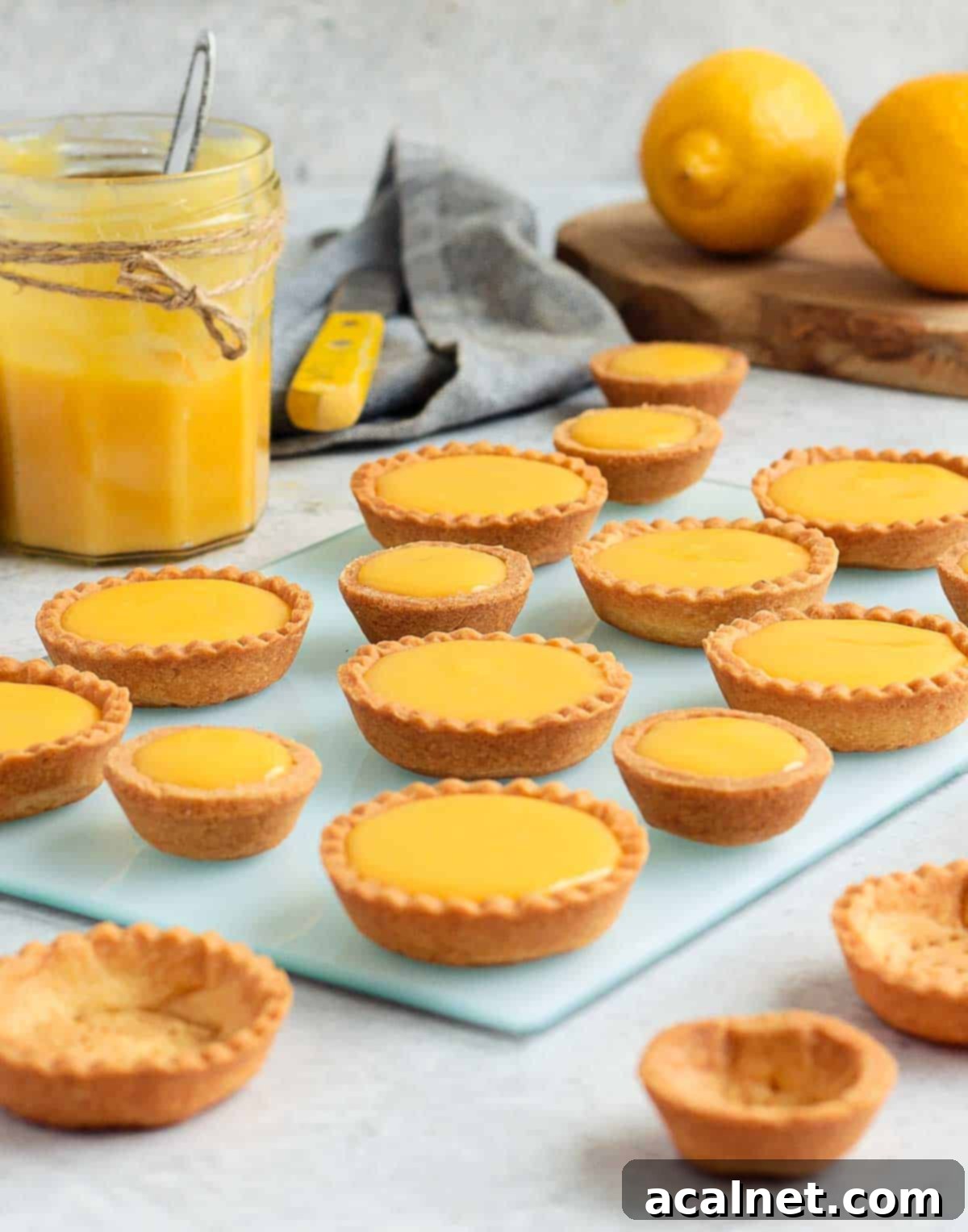 Golden Lemon Mini Tarts 4 Mini Tarts on a light blue plate. A pristine light blue plate holds several beautifully presented mini lemon curd tarts, ready to be enjoyed. The smooth, vibrant yellow filling and golden-brown crusts are enticing.