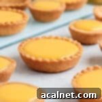 Golden Lemon Mini Tarts 10 Close up on a tartlet on a grey surface. A single, perfectly formed lemon curd tartlet sits on a subtle grey background, showcasing its golden crust and smooth, pale yellow filling. A small zest of lemon might be visible on top, hinting at the fresh citrus flavor within.