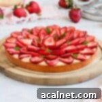 Close up on the strawberry tart placed over a wooden round board.