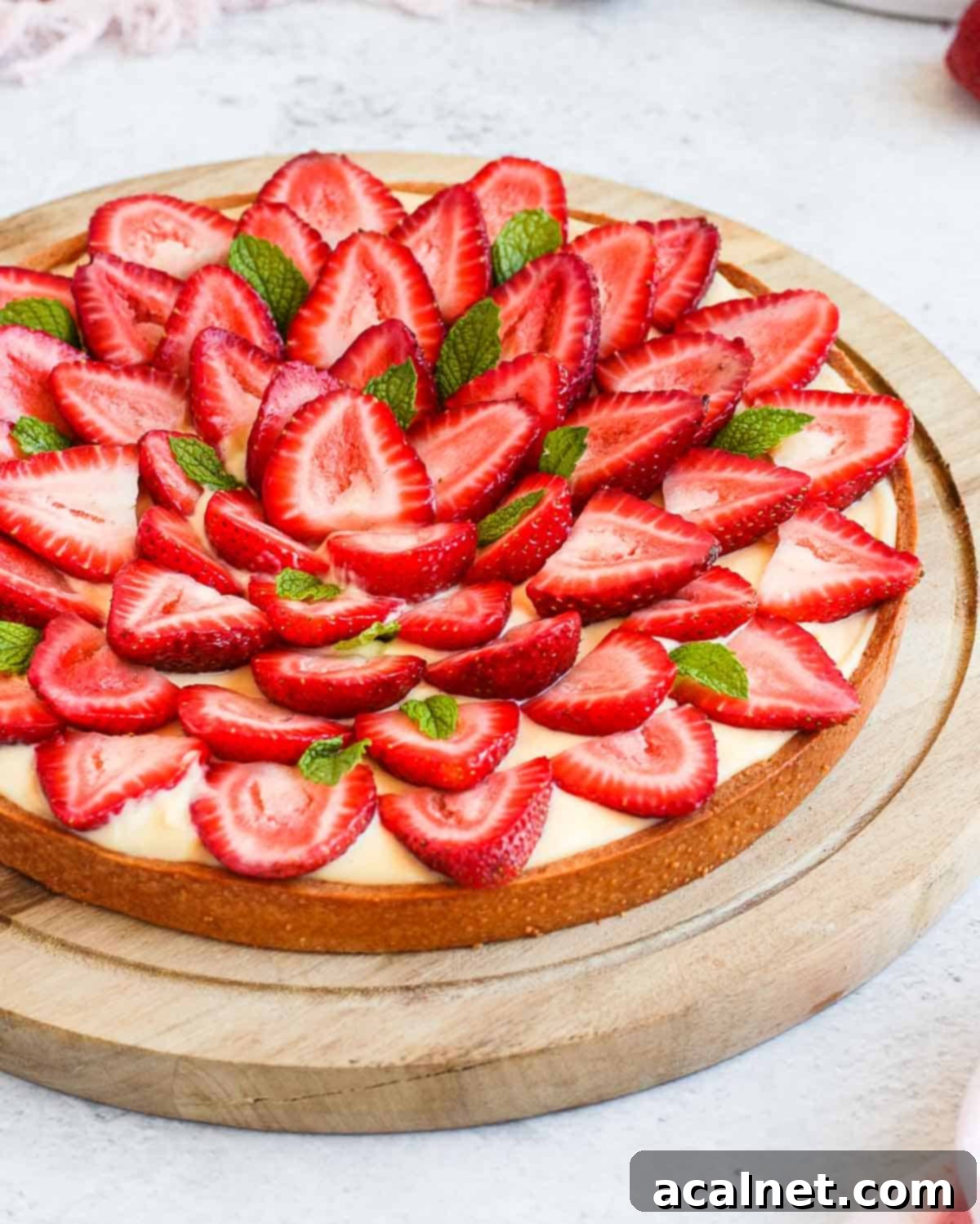 Close up on the strawberries above the cream filling.