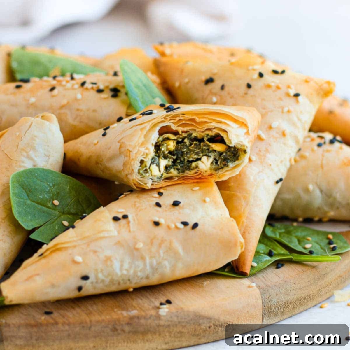Crispy Golden Spanakopita Treats 2 One spanakopita pastry cut in half placed over other pastries.