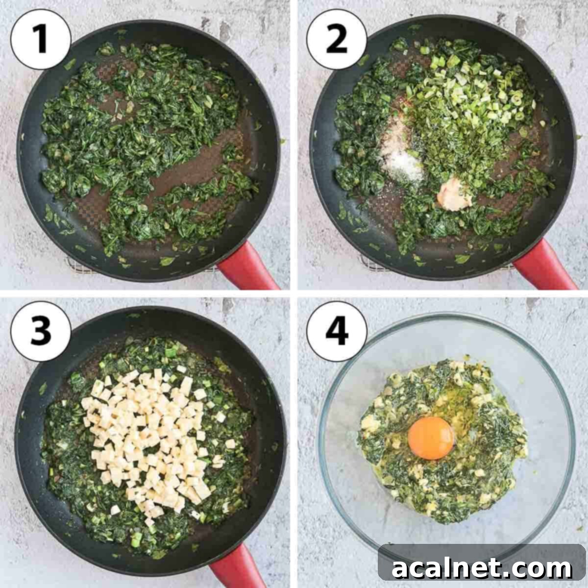 Crispy Golden Spanakopita Treats 5 Process Shot Collage: making the spinach and feta filling.