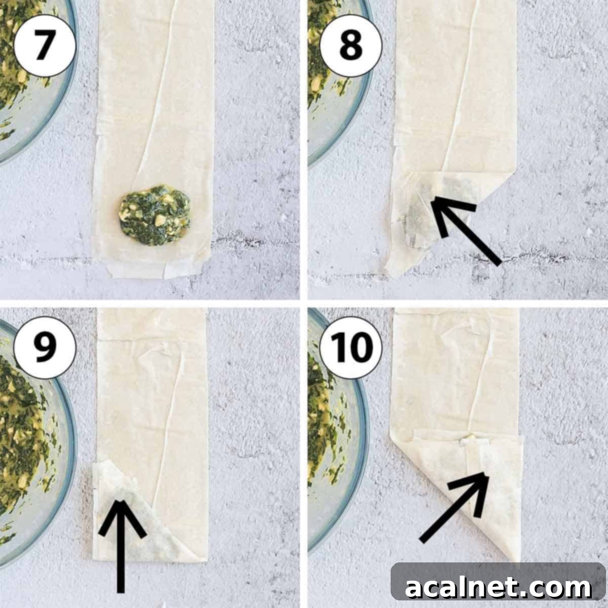 Crispy Golden Spanakopita Treats 7 Process Shot Collage: folding the fillo pastry triangles.