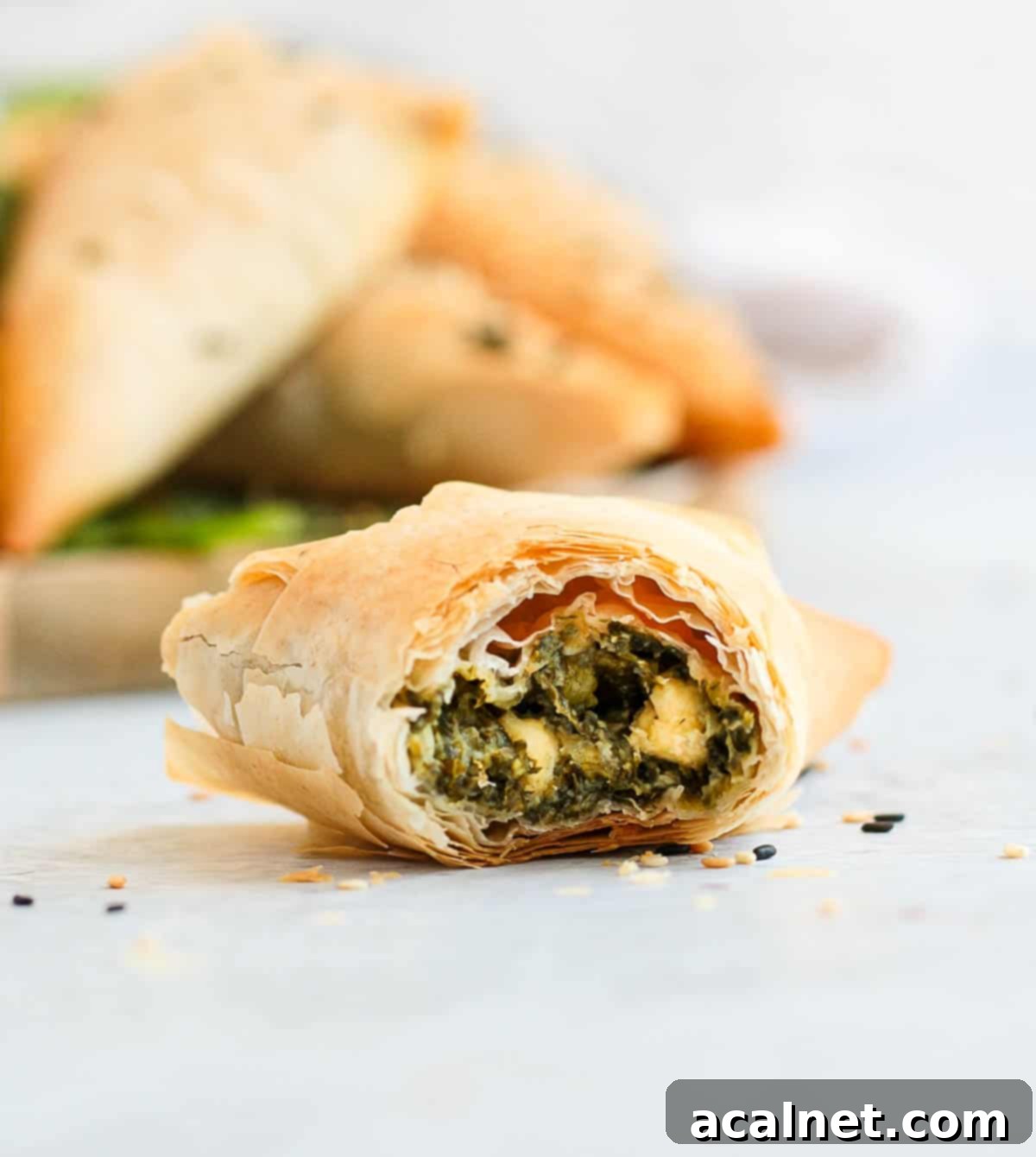 Crispy Golden Spanakopita Treats 8 One pastry with a bite taken off on a white surface.