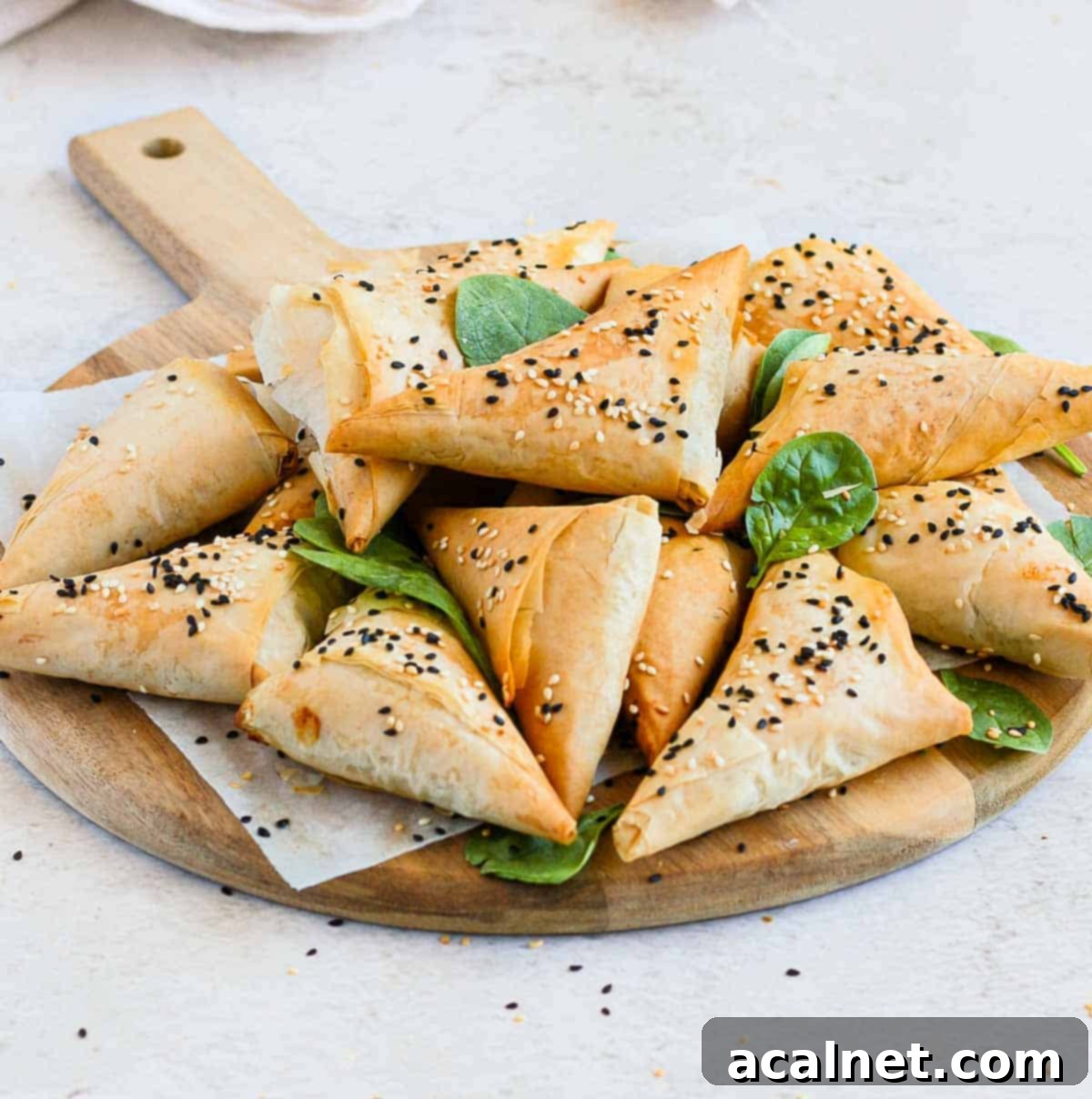 Crispy Golden Spanakopita Treats 9 Spanakopita stacked on a wooden board with spinach leaves.