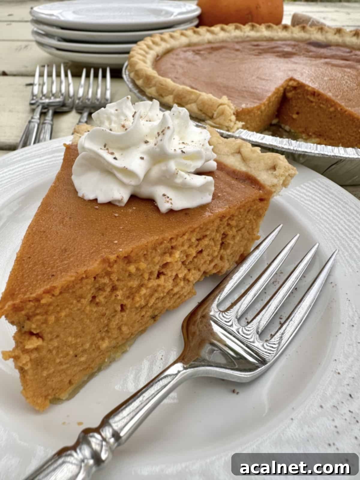 A slice of pumpkin pie with a fork on a plate.