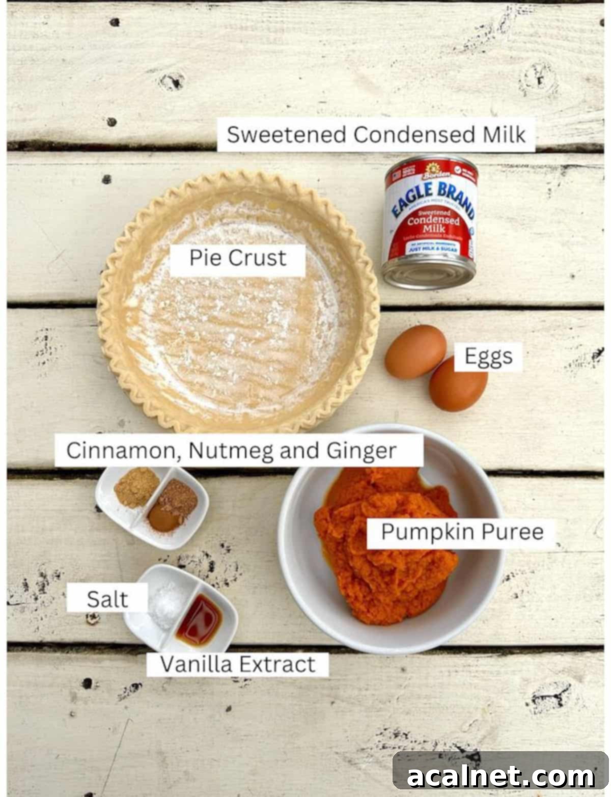 Ingredients for pumpkin pie in small bowls on a table.