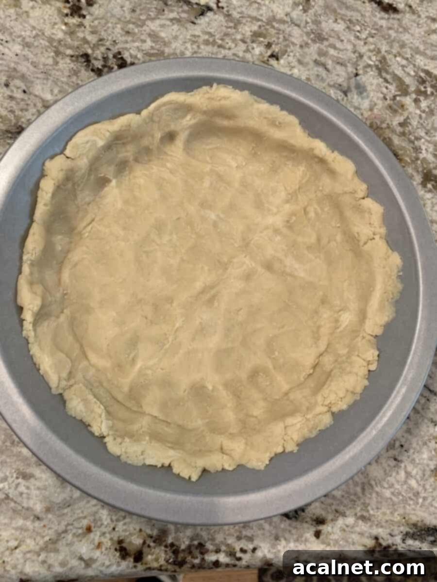 Unbaked, pat-in-the-pan pie crust in a pie pan, showcasing its rustic texture before baking.