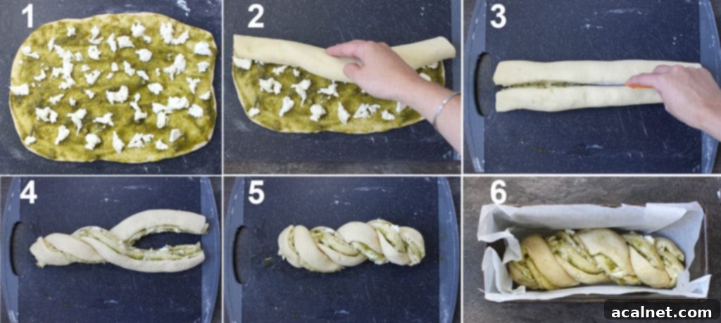 Step-by-step visual guide showing how to prepare and twist a Pesto Mozzarella Babka dough before baking.
