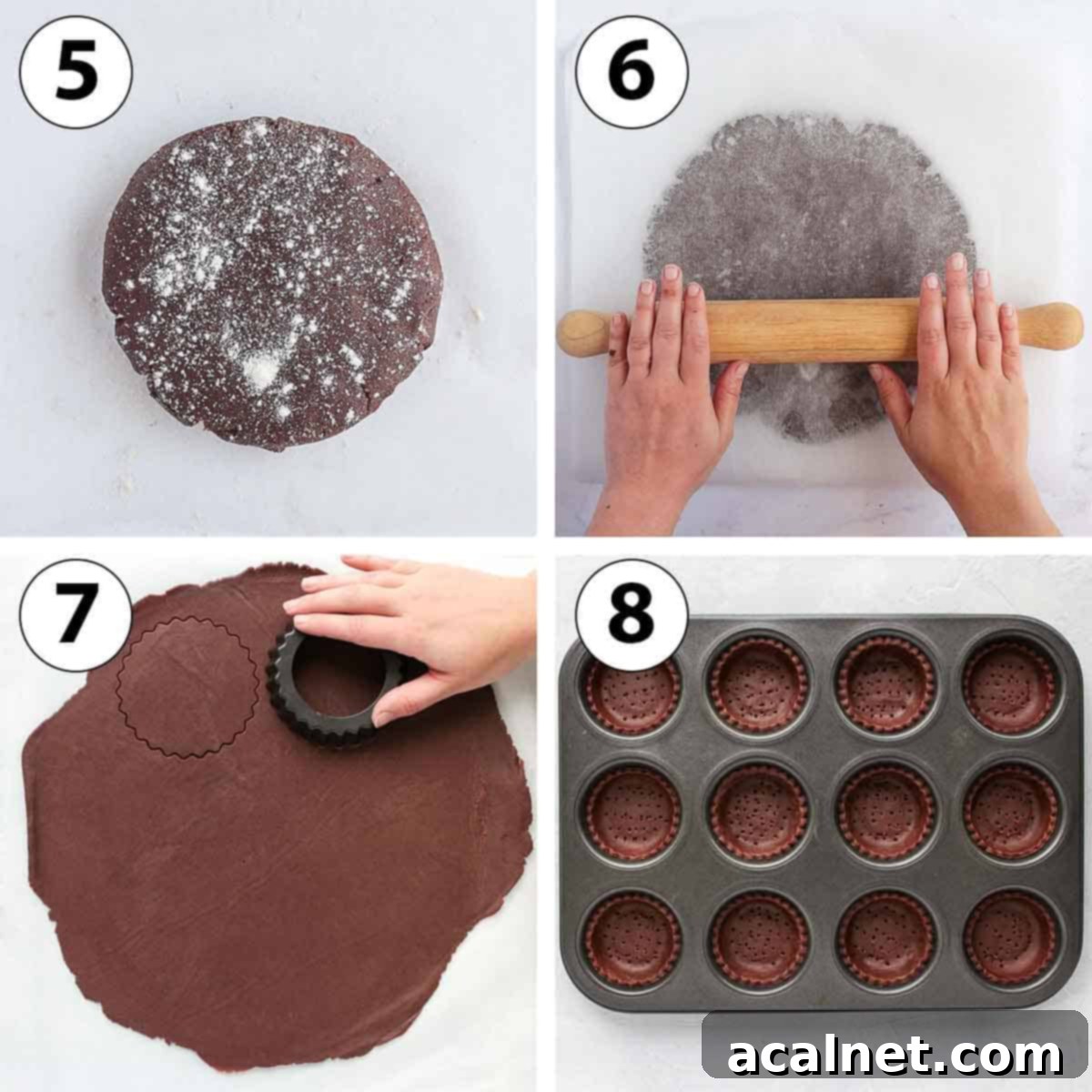 Process Shot Collage: rolling the pastry and lining the muffin pan with them.