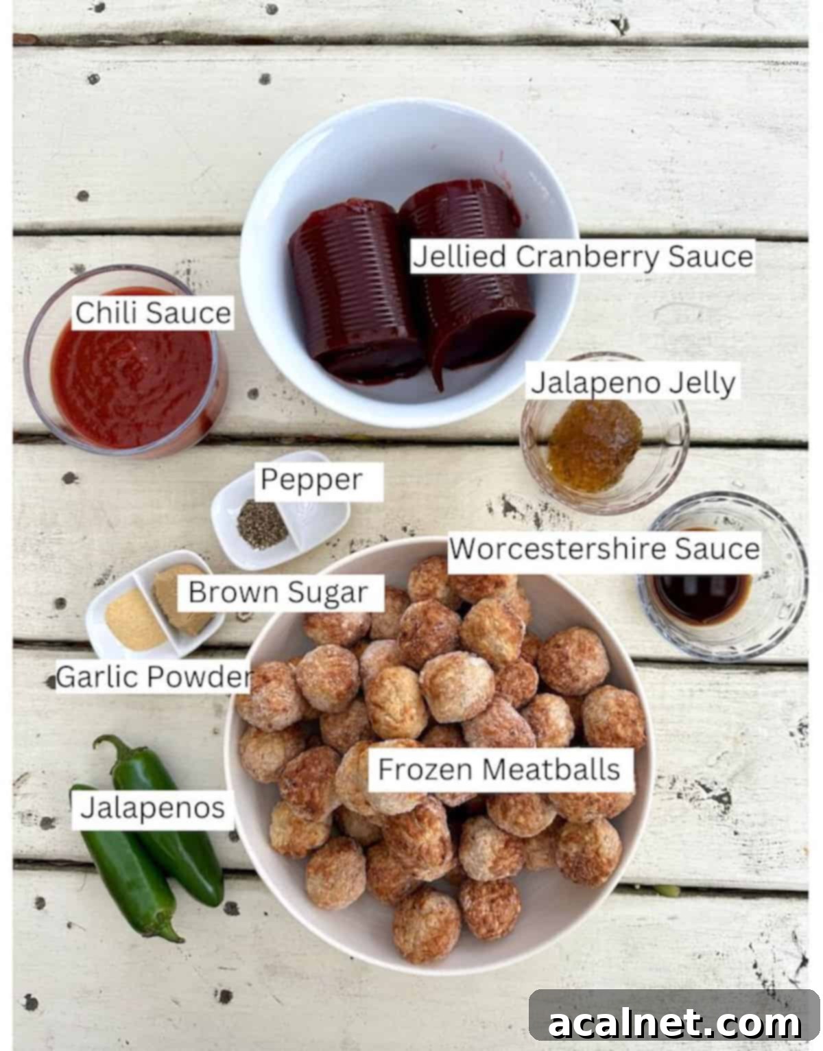 Sweet Heat Cranberry Jalapeño Meatballs 3 Ingredients for cranberry jalapeno meatballs in small bowls on a table.