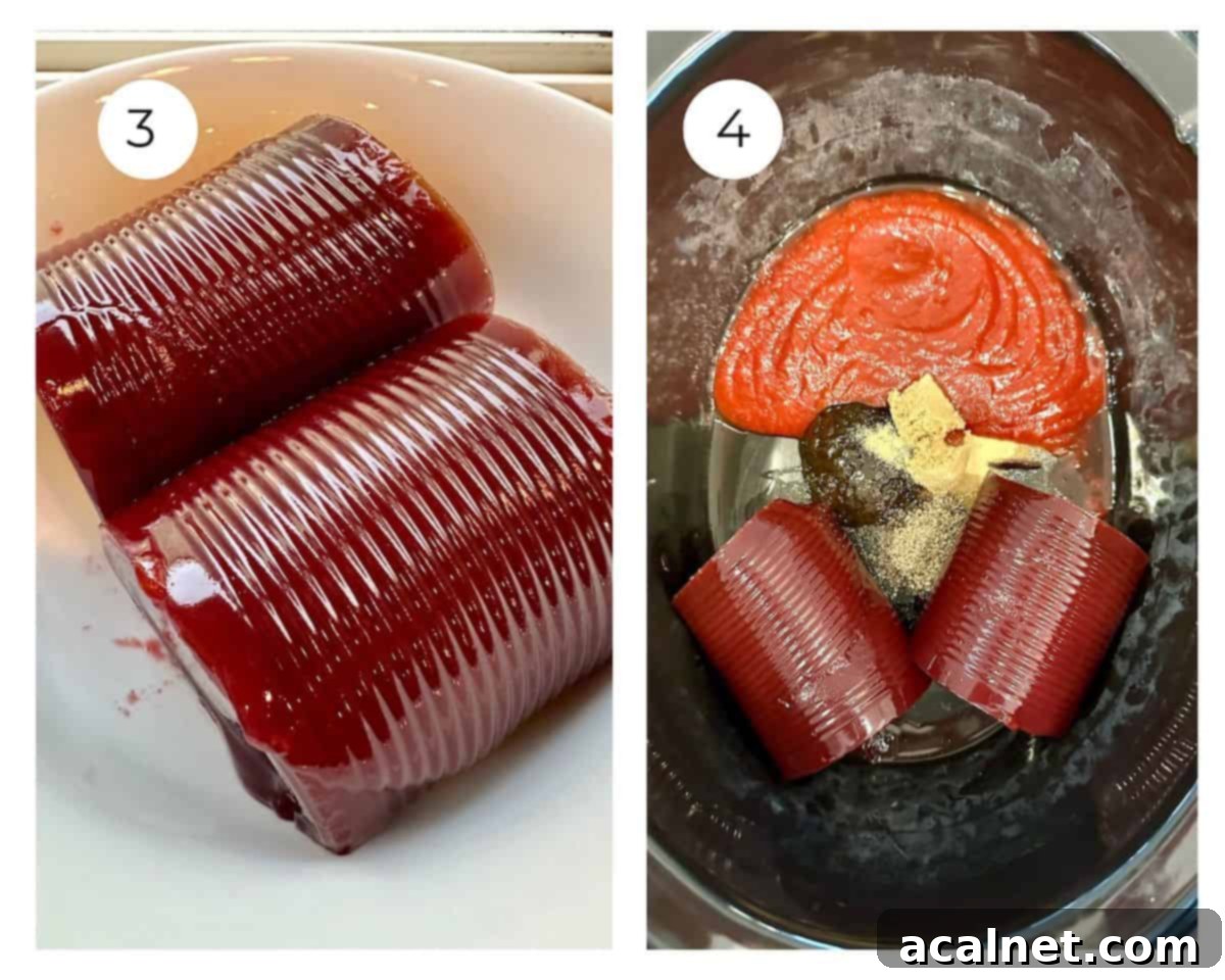 Sweet Heat Cranberry Jalapeño Meatballs 5 Canned jellied cranberry sauce being added to a slow cooker with other sauce ingredients.