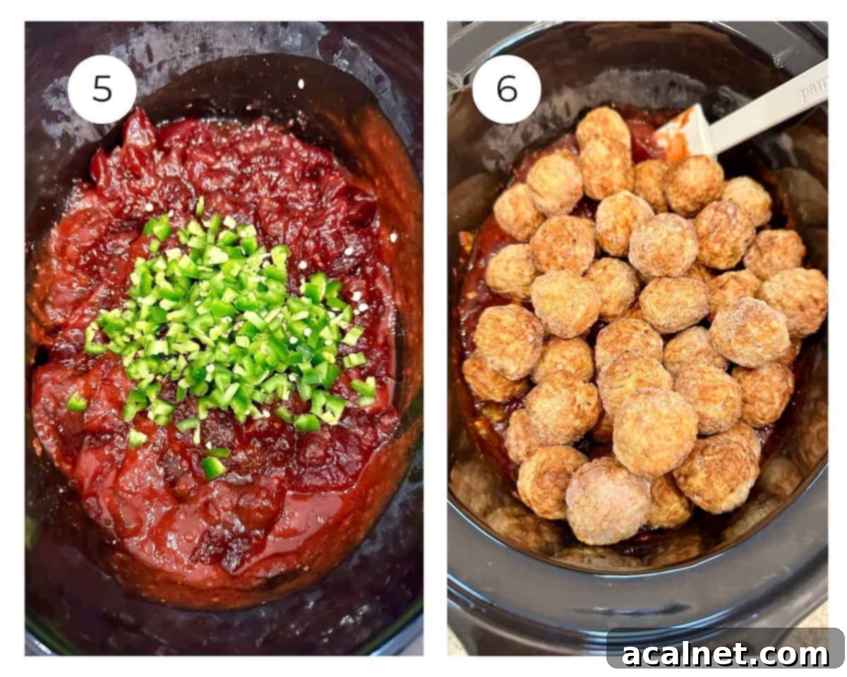 Sweet Heat Cranberry Jalapeño Meatballs 6 Cranberry sauce, chili sauce, and diced peppers being stirred in a slow cooker.