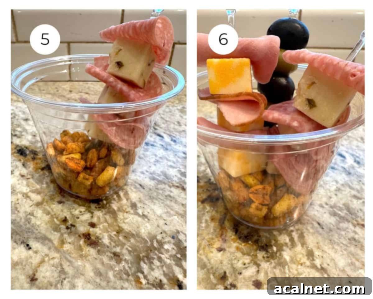 Charcuterie cups with trail mix, olives, meats and cheeses added.