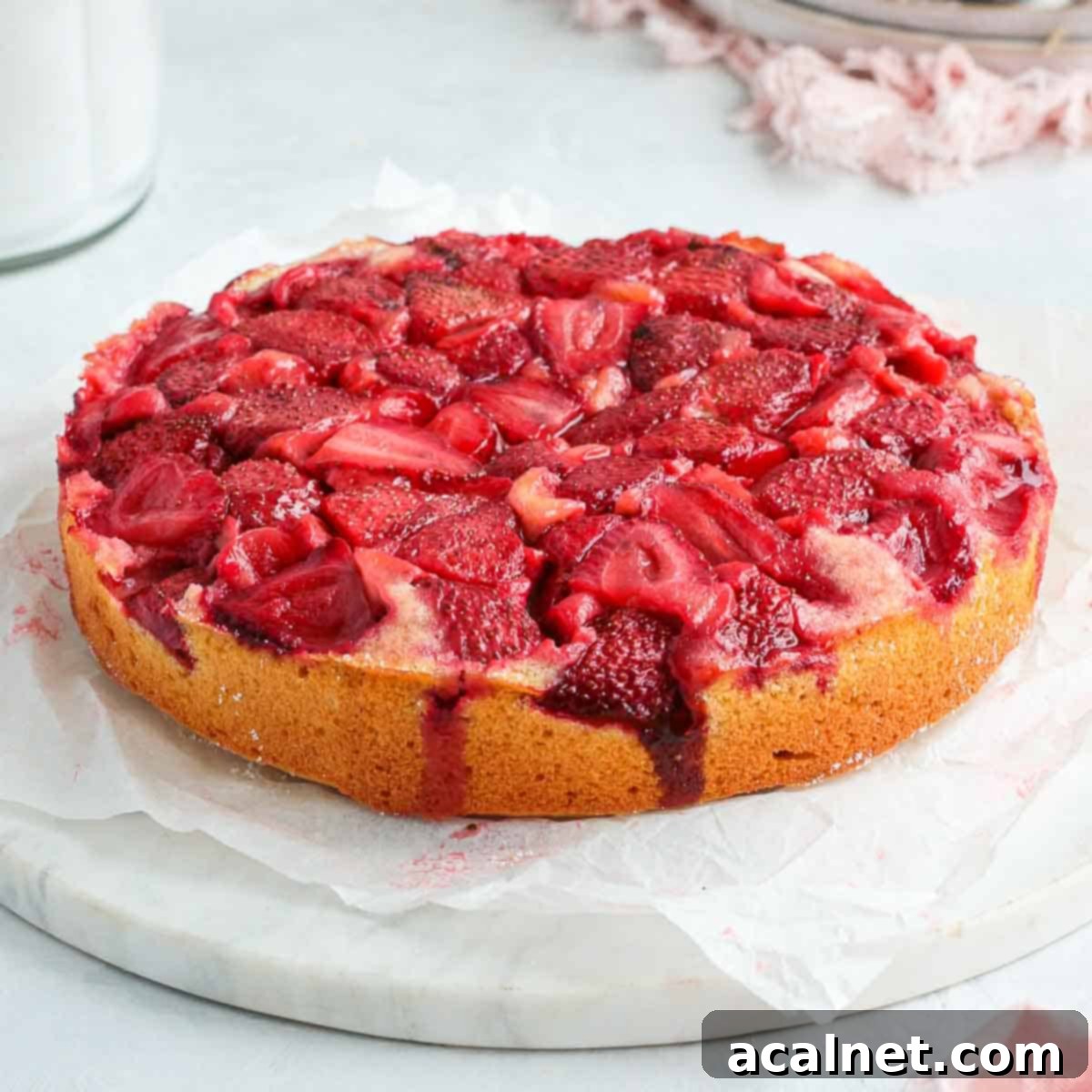 A slice of Strawberry Upside Down Cake on a plate, showing the caramelized strawberries on top.