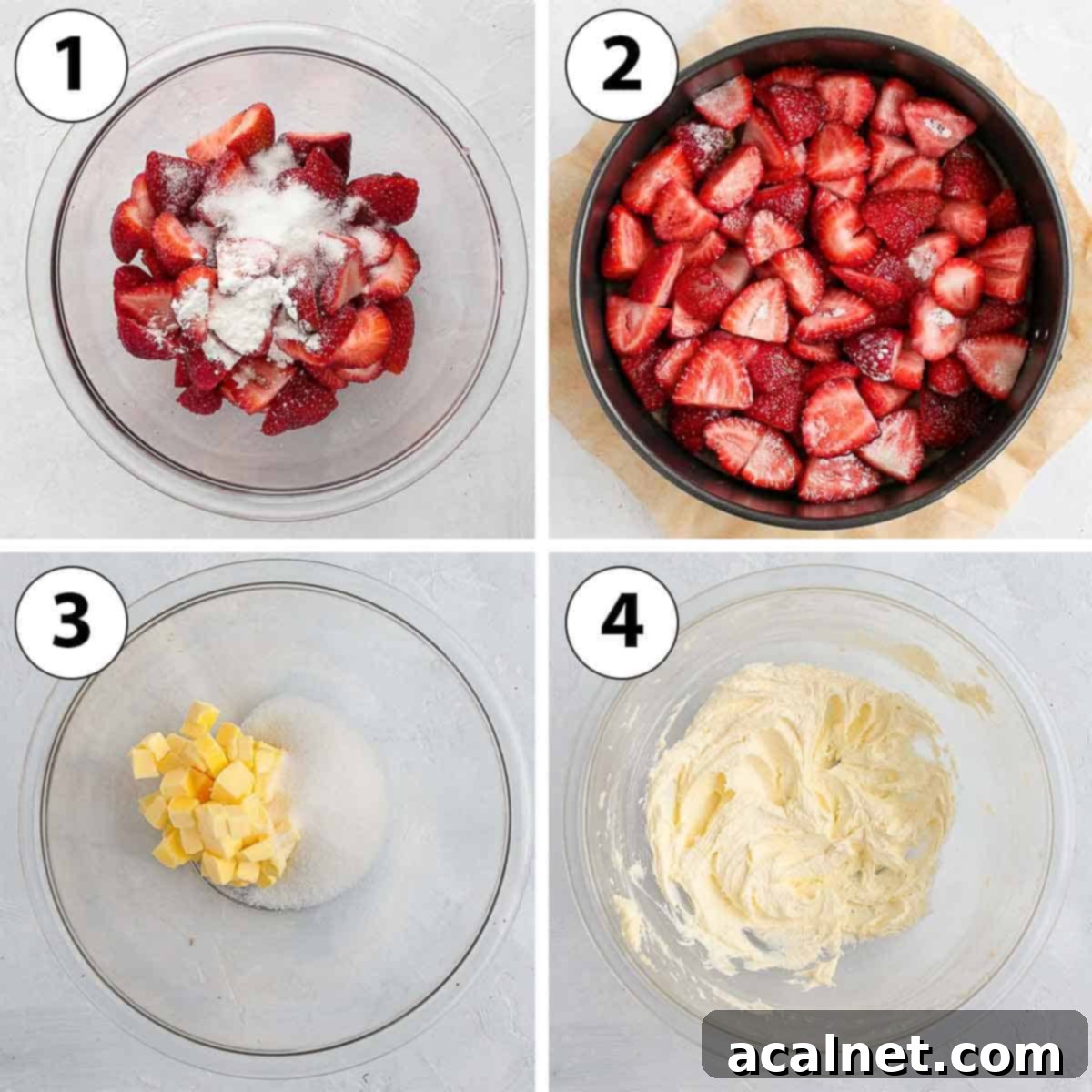 Process Shot Collage: preparing the strawberries and creaming the butter for the cake.