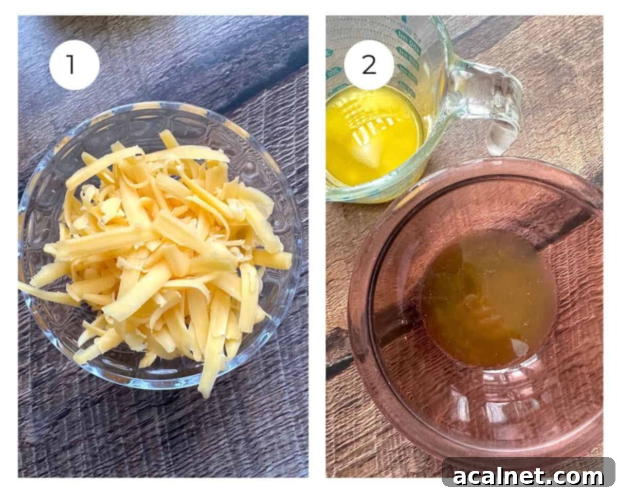 Golden Crunch Cheesy Potatoes 4 Grated cheese and melted butter in small bowls, ready for use in the recipe.