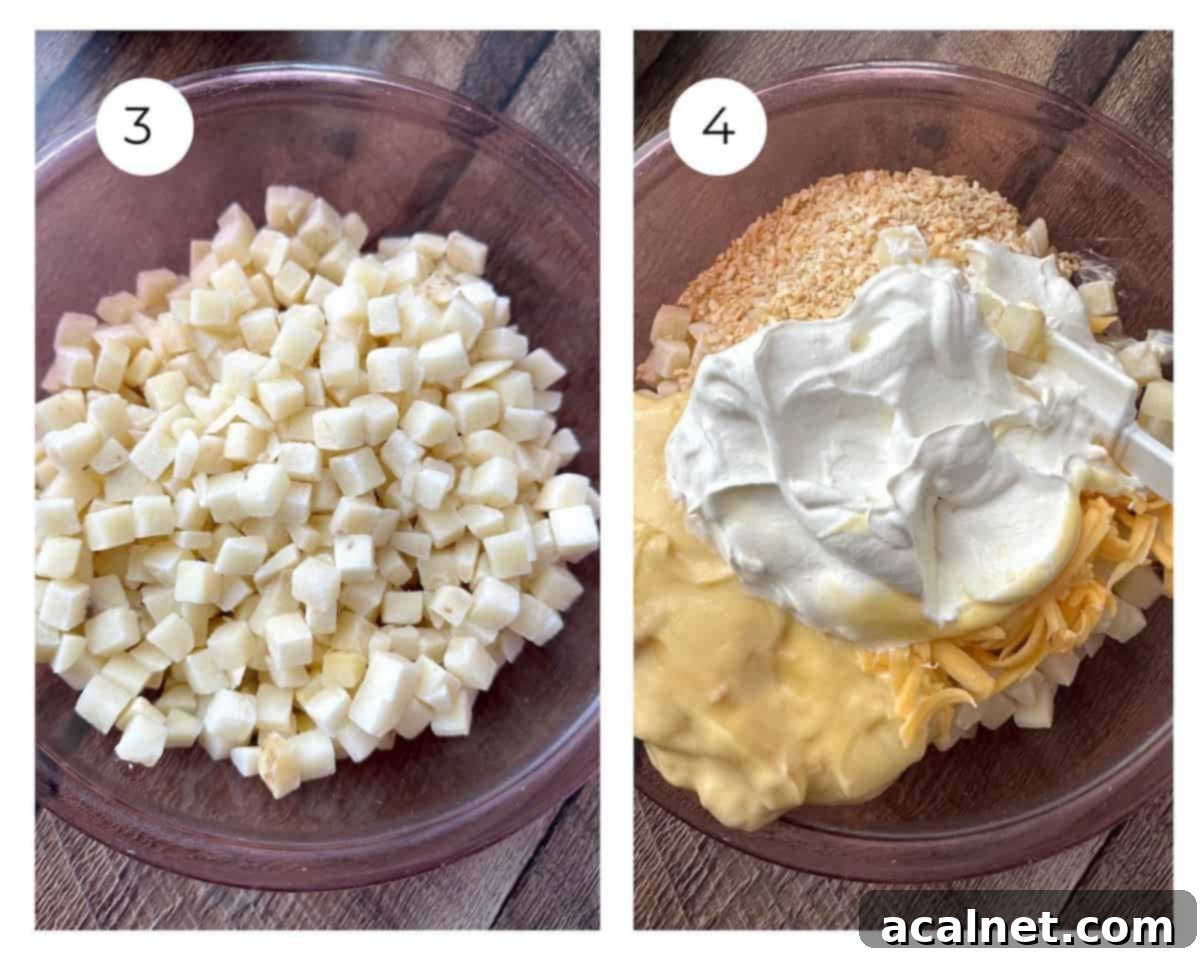 Golden Crunch Cheesy Potatoes 5 Frozen potatoes in a bowl, with cream of chicken soup, sour cream, dried onion flakes, and cheese added.