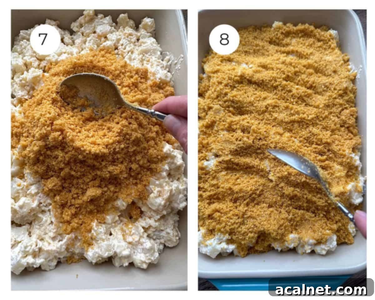Golden Crunch Cheesy Potatoes 7 The process of adding the corn flake crumb topping evenly over the potato casserole mixture in the baking dish.