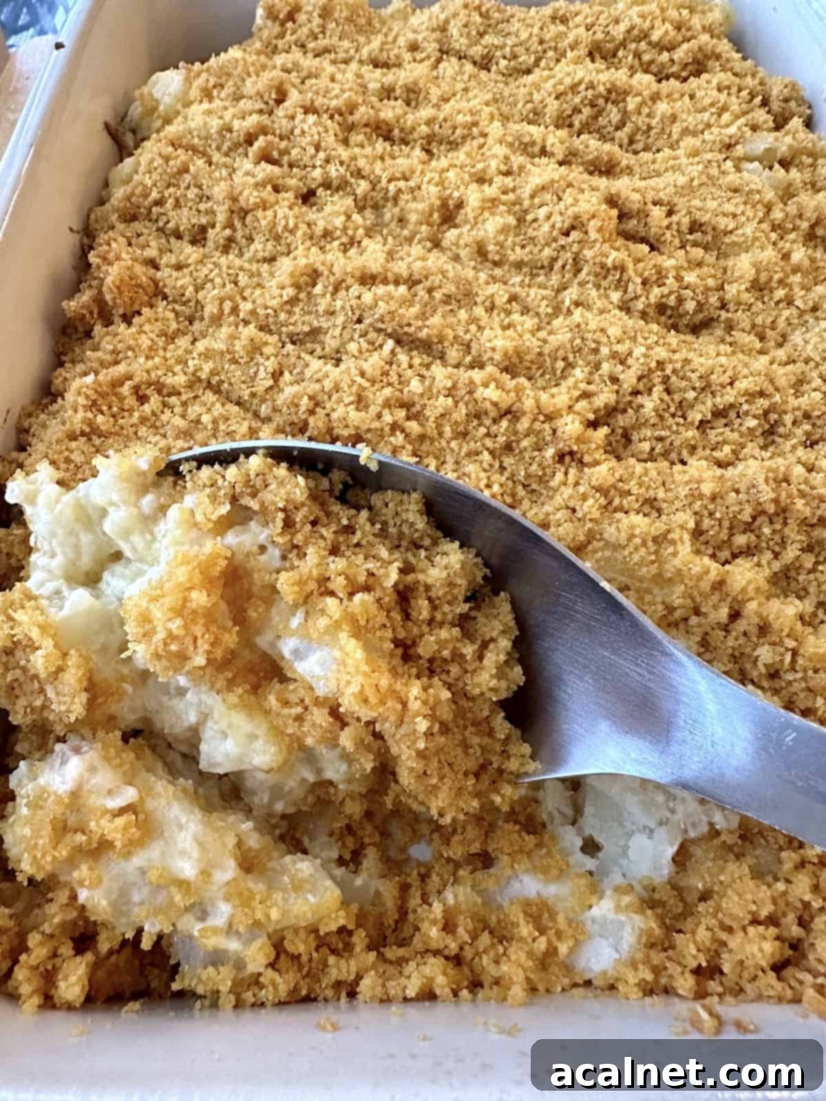 Golden Crunch Cheesy Potatoes 8 A large spoon scooping up a generous serving of hot, cheesy country potatoes from the baking dish, highlighting the golden-brown topping.