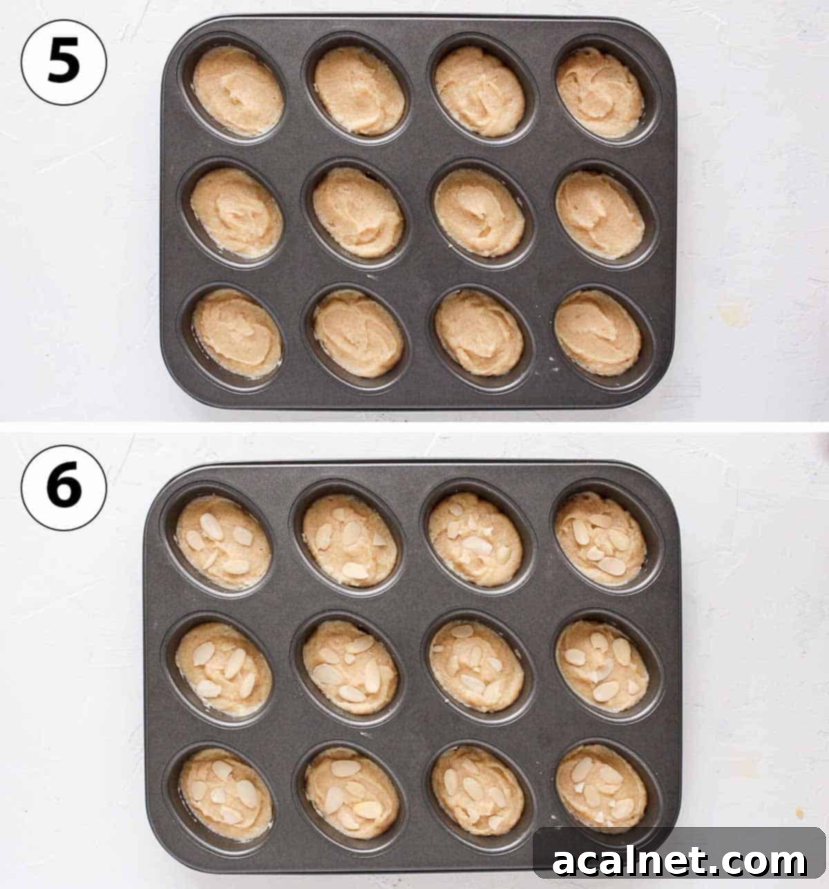 Process Shot Collage: placing the batter in the pan and adding flaked almonds.